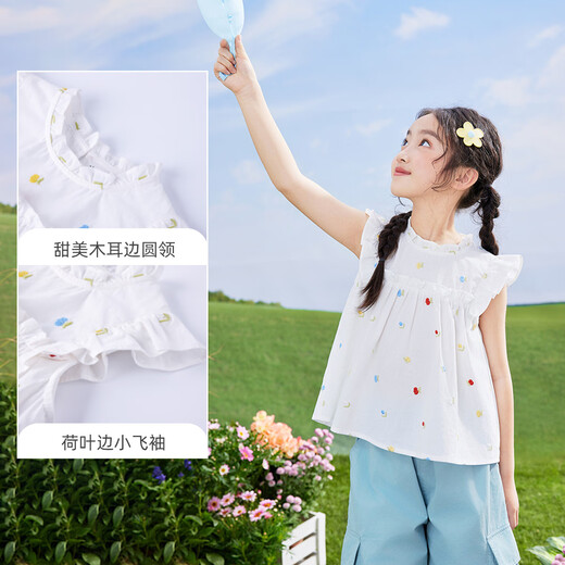 Xiaoyinman girls' shirt ruffled small flying sleeves summer children's middle and large children's fungus round neck casual top flower art 150
