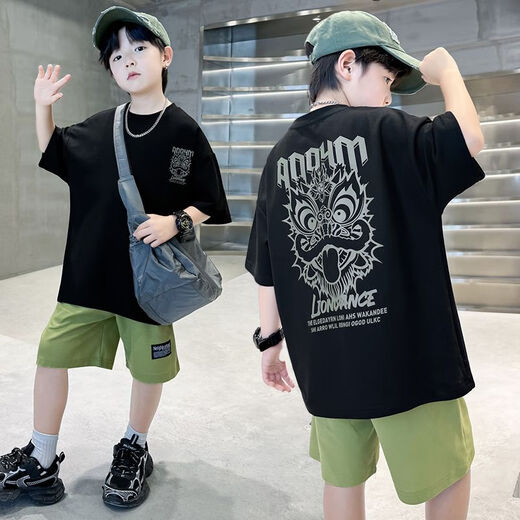 Pregunta Fan Summer Traje Set Summer 2025 NUEVO NIÑOS Sports Cool Style Summer Style Large Large's Large's Tendy Handy Fashion Green [9766] 120 Adecuado para la altura [105-115] CM