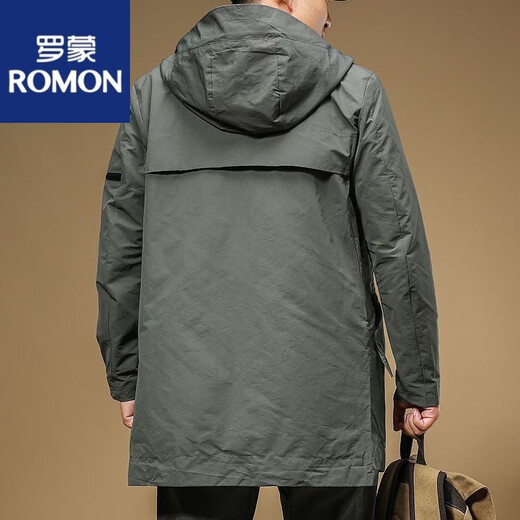 罗蒙（ROMON）2025新款春秋装潮流长款工装防风大衣春秋季连帽休闲夹克男款 绿色【高品质】 M