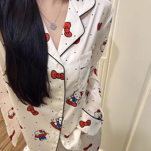 美黛遇HelloKitty甜美冰丝睡衣女春秋款可爱卡通长袖夏天薄款家居服套装 KDJ_834-3#开衫双长 白色KT猫 XL