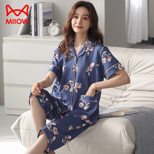 Cat man (MiiOW) pajamas for women in summer short-sleeved cropped pants cardigan cotton lapel loose large size casual home clothing set can be worn outside NX9893 M women
