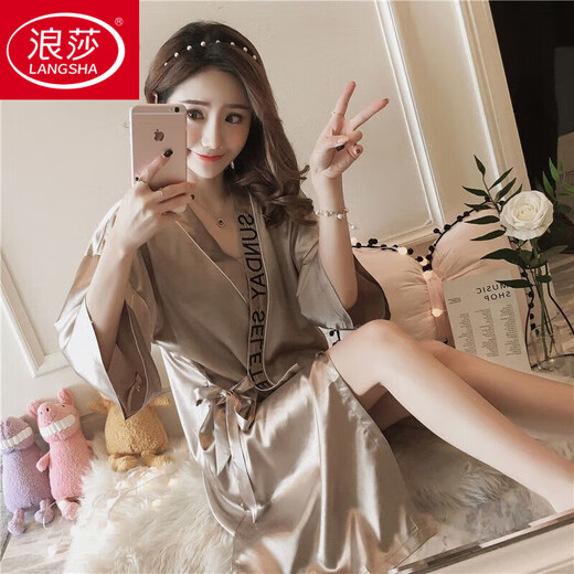 浪莎（LangSha）韩版睡衣女含仿真丝睡袍浴袍夏冰.丝性感薄开衫睡裙中长款家居服 睡袍9896#灰色 L [建议98--115斤]