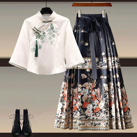 S.SOFEA薄荷绿新中式汉服连衣裙女夏季新款国风马面裙套装 汉服上衣+1289粉色马面裙 两件套 L 建议100-120斤
