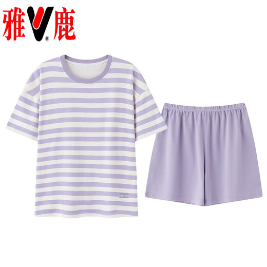 雅鹿棉质短袖睡衣女夏季薄款带胸垫甜美少女学生圆领夏天家居服 短//袖短//裤：B12241 XL 女110-125斤】