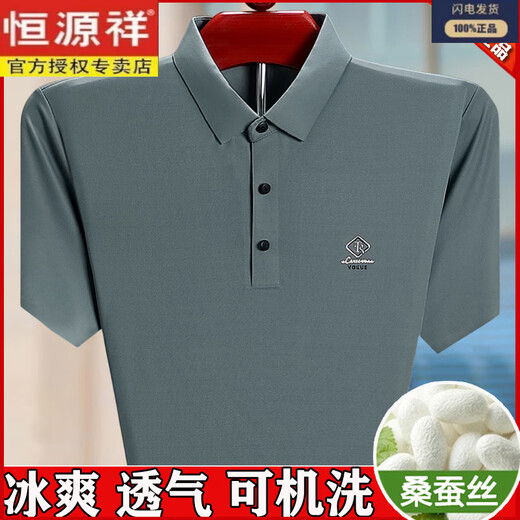 恒源祥高端桑蚕丝短袖t恤男士夏季爸爸装翻领加肥加大半袖polo衫 FA-688哈青 M 165