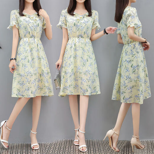 FHHUABD23 Sommer neues Chiffon Blumenkleid mit Temperament Taille und fettem Kleid 1105# L 105-115Jin [Jin ist 0,5 kg]