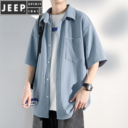Jeep Spirit Summer New Ice Seide dünne Kurzarmhemd Herren Paar Lose großer großer Farbe Casual Trendy Brand Hemd Jacke C844 Schwarz XL