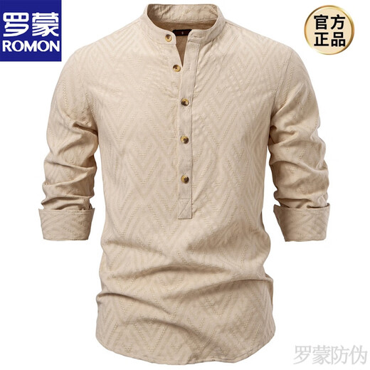 ROMON 2025 new men's stand-up collar long-sleeved shirt men's white shirt Henry collar men's collarless top trendy new black L 160-180Jin Jin is equal to about 0.5 kg