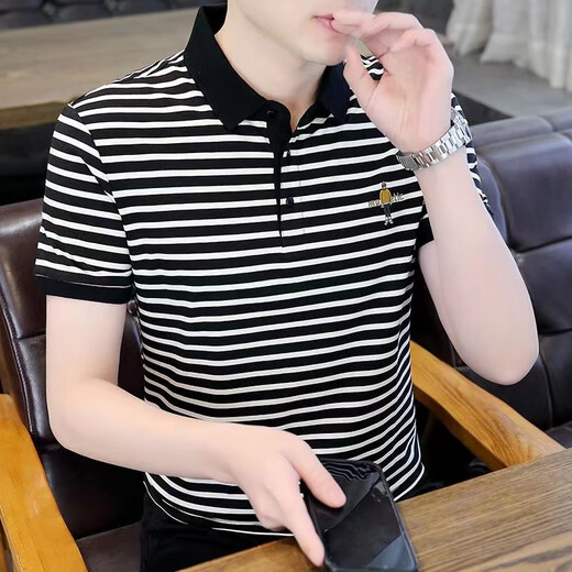Pierre Cardin Haut-giron à rayures T-shirt pour hommes T-shirt Coton Coton Summer à manches courtes NOUVEAU TRENDE CAS CAS CASSET T-shirt 983 Braves noires [de haute qualité] M 85-100jin [Jin est égal à 0,5 kg]