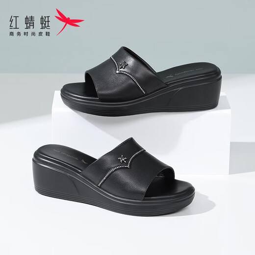 红蜻蜓拖鞋女厚底夏季真皮一字拖家居厚底增高水钻外穿皮拖鞋妈妈凉拖鞋 黑色（跟高6cm） 35