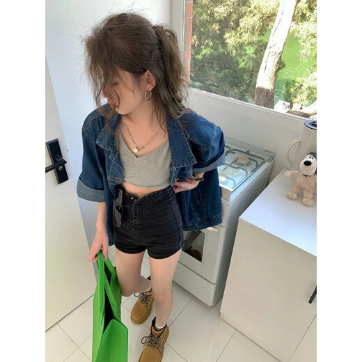 Yu Jin Hong Kong style denim short-sleeved shirt jacket for women 2025 summer new dark blue design loose mid-length top Blue #9435 S
