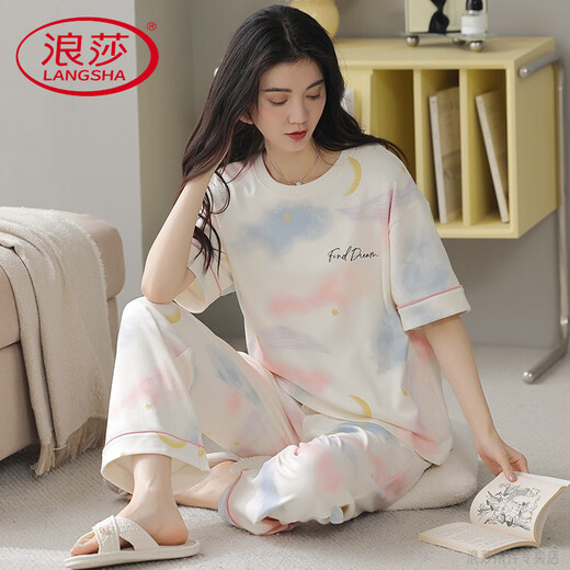 Langsha Light Luxury High-End-Sommerpyjamas Frauen reines Baumwolldünne kurzärmelige Hosen Student Cute Anzug Frühling und Herbst Lose Home Y9713 m (Empfohlen 75-95jin [Jin entspricht 0,5 kg])