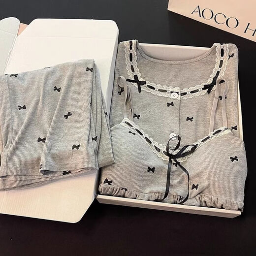 Fhhuabd-Pyjamas mit Baumwoll-Reisstadel für Frauen Frühling und Herbstmodal warm warm, langhärme graue Schlinge Bug Kleidung Drei-teilige Set 6621#. Schwarz-Modal Drei-teiliges Set L empfohlen 100-120jin [Jin ist gleich 0,5 kg]