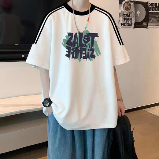 Ruishike three-pole trendy brand men's short-sleeved T-shirt men's summer 2025 new loose junior high school student tops 3895*Wasp white M 80-120Jin Jin equals 0.5 kg