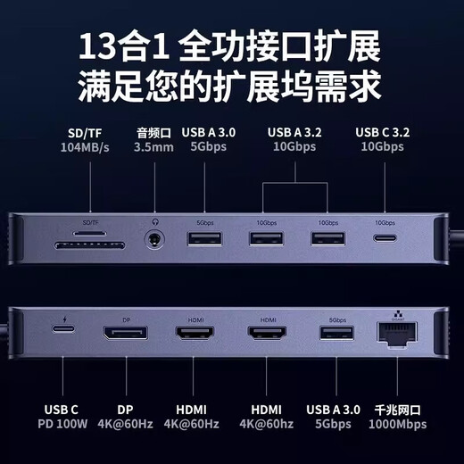 Green Network (UGREEN) TYPEC DOCKING STATION DREISCEUR DREIDE SCHREISEN DISMENDE THONDERNBOLT 48K Dual HDMI-Mobiltelefonbildschirm-Projektionskarte Reader 13-in-1-Vierbildschirme DP-Audiomodell CM681-15978
