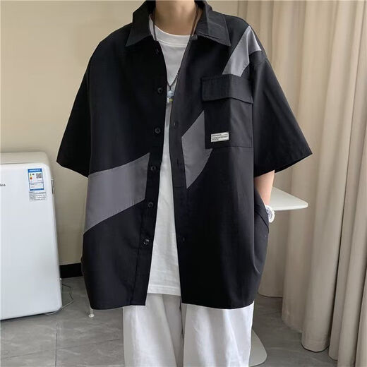 S.SOFEA summer short-sleeved work suit three-piece set for male students versatile handsome shirt suit three-piece set 1283 black + work suit shorts + T-shirt XS