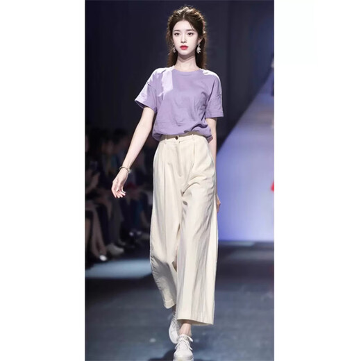 欧迪惠（Oudihui）2025年新款休闲裤女夏季松弛感穿搭冷淡系法式时尚衣服套装女裤子 上衣+裤子 L