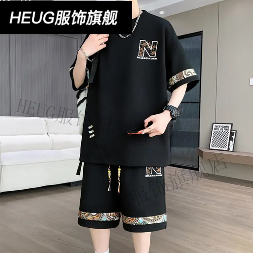 HEUG Lingyue Men's Clothing Store 2025 Summer gran tamaño deportivo informal Conjunto de dos piezas versátiles de dos piezas (YYW6195) XL (130-150Jin [Jin equivale a 0.5 kg])