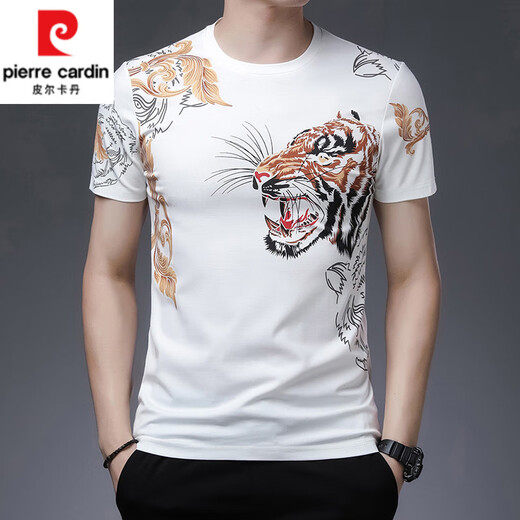 皮尔卡丹（pierre cardin）丝光棉短袖t恤男士潮流印花虎头冰 丝花体恤衫半袖上衣中青年T恤 829K虎头黑 M 165/ 建议90-110斤