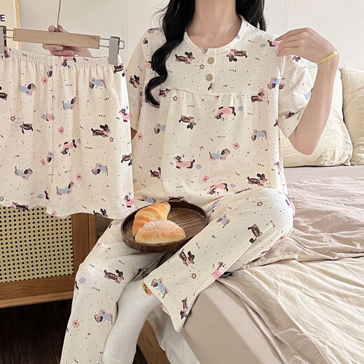 浪莎（LangSha）棉绸睡衣女春夏季纯棉短袖长裤甜美可爱可外穿棉家居服三件套装 QSM三件套-S761樱桃熊 短-袖+短- XL 【120-140斤】