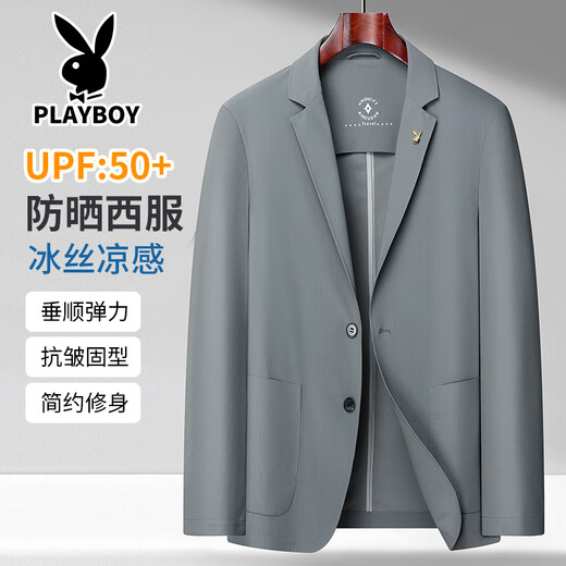 花花公子2025新款轻奢冰丝防晒西服男夏季防晒衣服休闲商务小西装外套 深藏青 XL 180 (适合145-165斤)