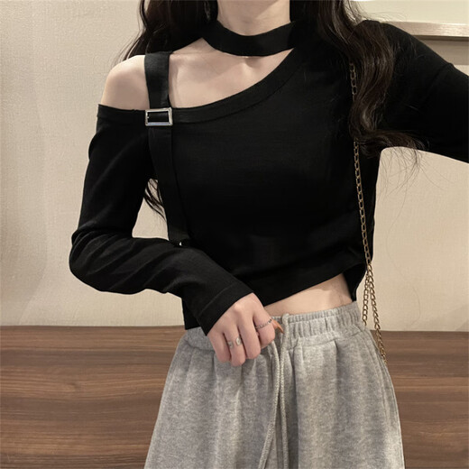 Rongxitu (Rongxitu) Design-Sensing Korean Style One-Shoulder Top 2025 kurz gestrickter Pullover Guangzhou Dreizehn Linien 11303 Schwarz One Size (70-125jin [Jin entspricht 0,5 kg] kann getragen werden)