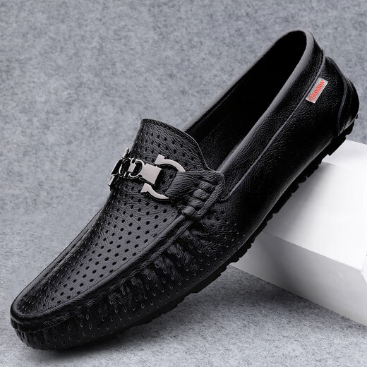 金利来GY男鞋2025春夏季新款真皮豆豆鞋男透气休闲皮鞋男款软皮软底 黑色【9905四季款】 38