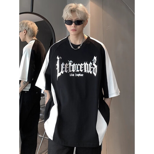 POUM Camiseta de manga corta para hombres Poum Camiseta de manga corta Impresión de letras de verano para hombres American High Street Bloqueo de color Hands Blaking Color de manga corta YHSFG-D5012 Black XL