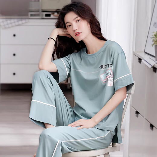 LISI轻奢品牌睡衣女款夏季2025新款薄款宽松短袖长裤休闲家居服套 7374 M[建议80-105斤] 均码