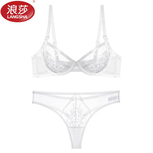LangSha Ultra-Thin Sexy French Underwear Women's Crystal Cup Embroidered Lace Underwear Big Breast Revealing Small Hollow Transparent Bra Set White Set 70B