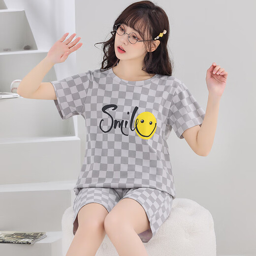 Pyjamas modal pour femmes été 2025 Nouveau coton pur coton à manches courtes à manches minces gras mm200jin [Jin est égal à 0,5 kg] grande taille de vêtements pour filles costumes à manches courts-Q1392 SMIEY SMILEY FACE L FEMMES STANDARD 2X Recommandation 1e