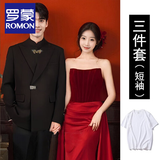 ROMON national fashion high-end handsome suit suit new Chinese tunic suit men's engagement wedding banquet small suit black jacket + pants XL (recommended 155-170 Jin Jin equals 0.5 kg)