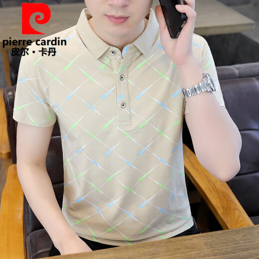 皮尔卡丹（pierre cardin）新款男士纯欲风polo.衫时尚韩版半袖青年印花棉质吸汗透气短袖t恤 9226卡其 3XL 150-160斤