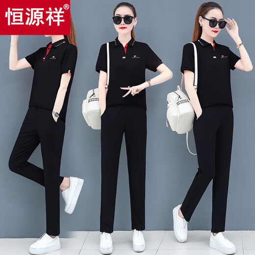 Hengyuanxiang Mutter im mittleren Alter 2025 Neuer zweiteiler kurzärztes T-Shirt mittleren und älteren Sportswear-Casual Set Top 1047# schwarz L (vorgeschlagen 100jin [Jin ist 0,5 kg] -115jin [Jin gleich 0,5 kg]))