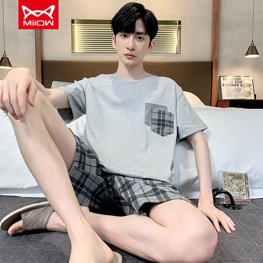 猫人（MiiOW）男士睡衣夏季短袖短裤纯棉质青少年简约男夏背心大码中 9929 L 男士(适合95-120斤)