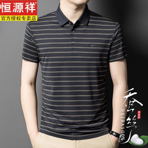 恒源祥轻奢特级100%桑蚕丝短袖t恤男夏季真丝中年翻领休闲半袖Polo衫 13559 灰色 M 165码