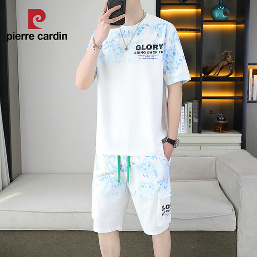 Pierre cardin 2025 summer new short-sleeved suit men's teenagers versatile shorts casual sports two-piece set gradient color men's clothing 6187 blue L