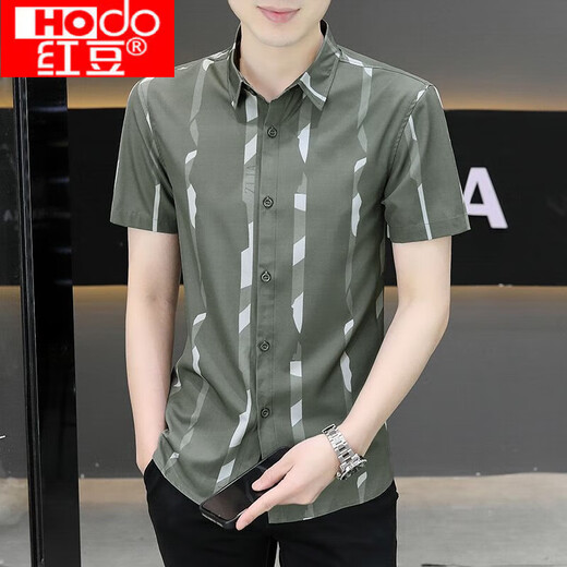 Rote Bohne (Hodo) Kurzärärmungshemd Herren Sommereis Ice Seide Cool Feel Free to Iron Tops hübsche anti-köpfige High-End-Elastizität Striped Trendy Shirt FJL7125 ++ Khaki M [95-110jin [Jin gleich 0,5 kg]]