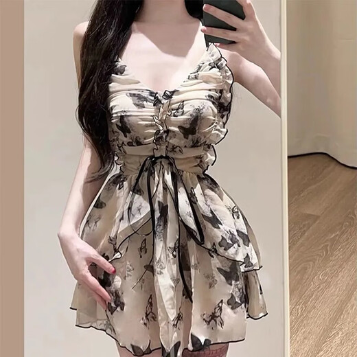 Fu Jian Retro Fairy Style Swimsuit One-piece Skirt Style Conservative Belly Covering Slimming Suspender High-end Hot Spring Swimming Suit Push-up New Chinese Butterfly Print Recommended 80-120 Jin Jin is equal to 0.5 kg