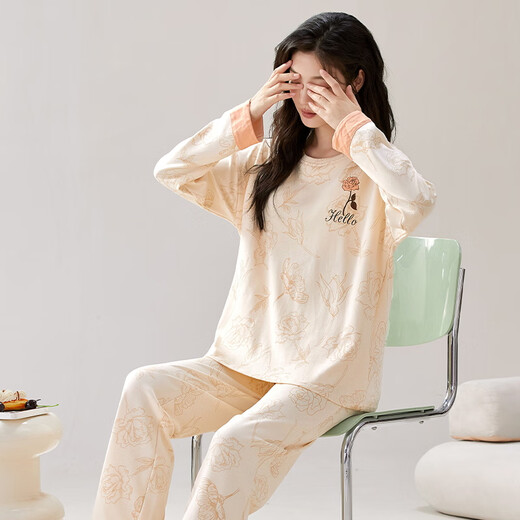 春秋季自带胸垫一体长袖睡衣套装夏冬天家居服棉可外穿大码学生女 HRY1047 M (建议75-95斤)