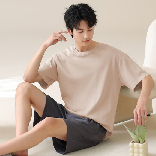 Jiao Men's Pure Cotton Pajamas Simple 2025 New Summer Thin Style Can Wear Round Neck Breathable Men's Home Clothing Set 02J13603 Men's L