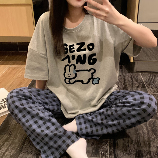 红豆睡衣女2025新款夏季短袖长裤纯棉初中学生女孩大童可爱家居服 6625-桃心小熊--短袖长裤-HZM L 女 ( 高158-162， 95-115斤)