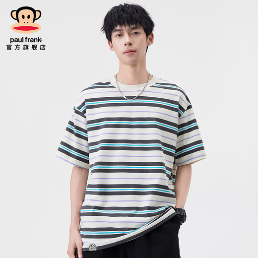 Big Mund Monkey (Paul Frank) American Trendy Striped Männer kurzärmeliges T-Shirt im Frühling und Sommer dünn lose runde Hals Elastische, vielseitige Männer-T-Shirt Green 698D [offizielles authentisch] M [Vorgeschlagen 105-125jin [Jin gleich 0,5 kg]]