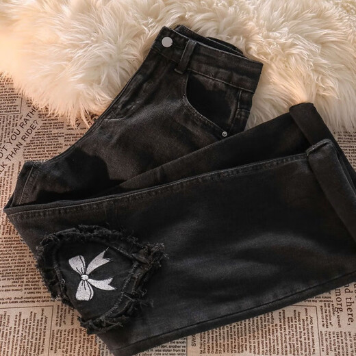 Her style black love bow jeans for women spring and autumn new high waist design straight wide leg long pants trendy ins black pants XS