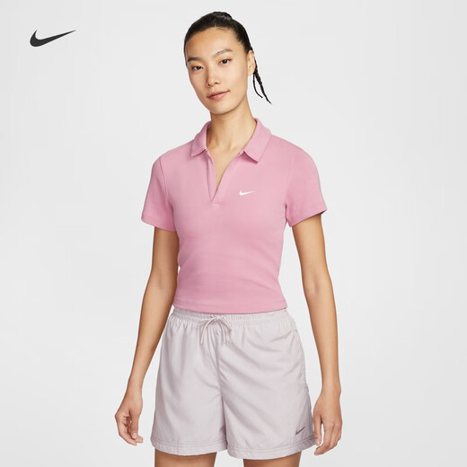 Nike (NIKE) women's short-sleeved lapel top autumn slim knitted embroidery soft comfortable simple DV7885 699 element pink/sail white S