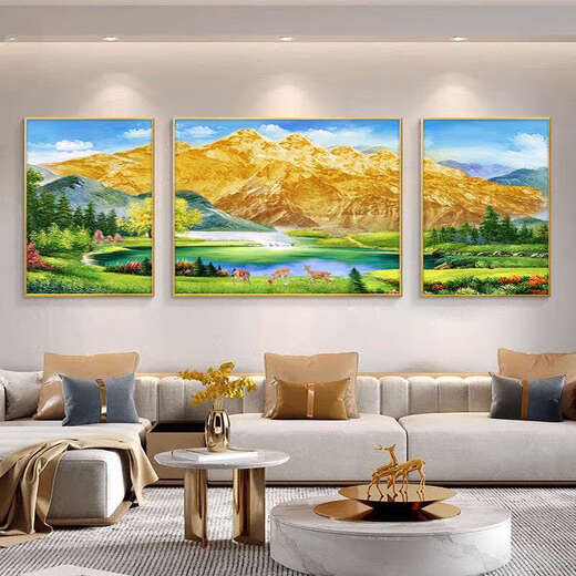Yonghuan Back contre Jinshan salon suspendu peinture paysage peinture canapé fond arrière décoration peinture Fengshii West Wall Triptych 12596 Golden Aluminium Alloy