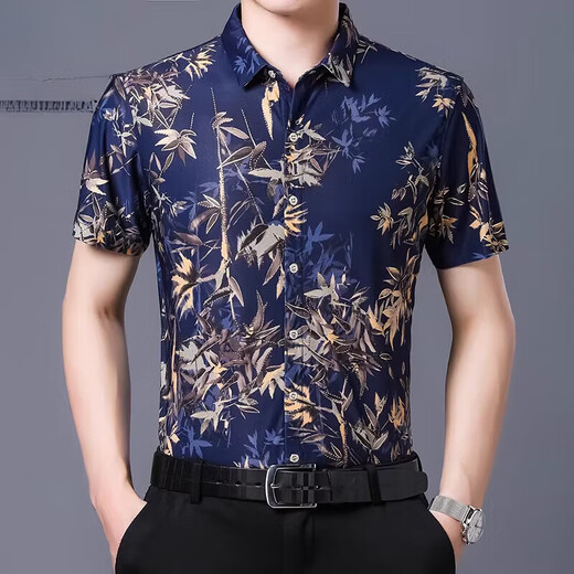 Pierre Cardin Summer de la soie de glace pour hommes d'âge moyen et chemise florale à manches courtes à manches courtes en soie en soie en soie en soie en soie en soie libre 983 violet 2xl 180 [poids 160-180]