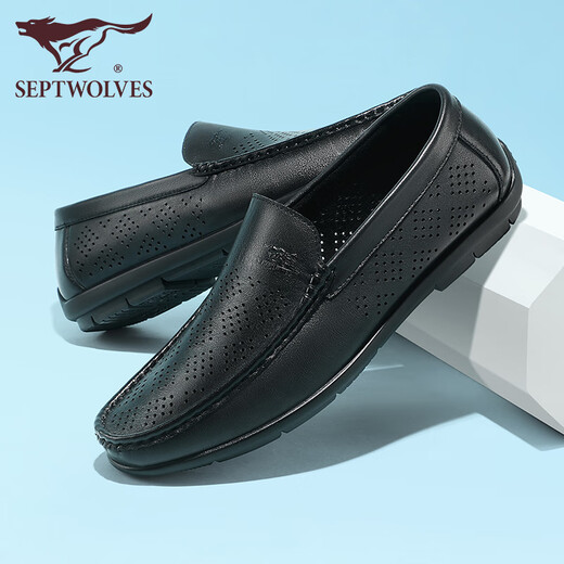 Siete lobo zapatos para hombres de verano zapatos de cuero de verano zapatos de cuero genuino para hombres, viajes de cuero casual zapatos de cuero casual, hojas de vaca transpirables negras 9926 39