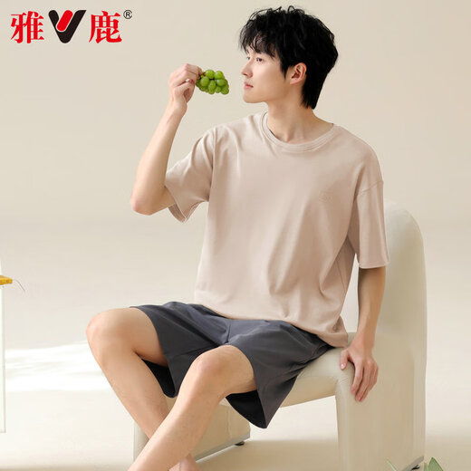雅鹿男士睡衣男纯棉夏季薄款短袖全棉可外穿休闲大码男生家居服套装 42M13603 2XL 【推荐体重140-160斤】