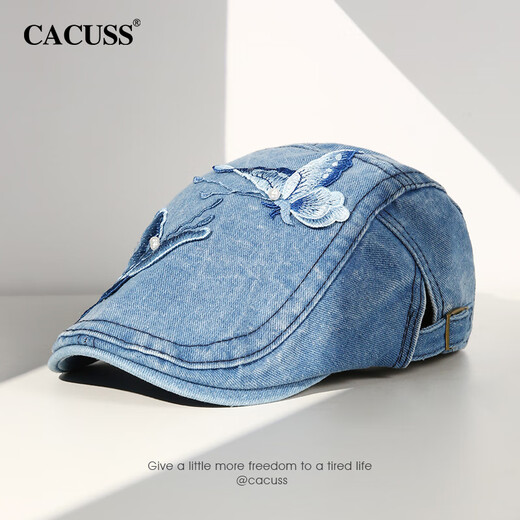 CACUSS Blue Butterfly Spring and Summer Women's Forward Hat Beret Retro Butterfly Denim Chinese Style Fashion Painter Hat Blue One Size Adjustable (56-58cm)